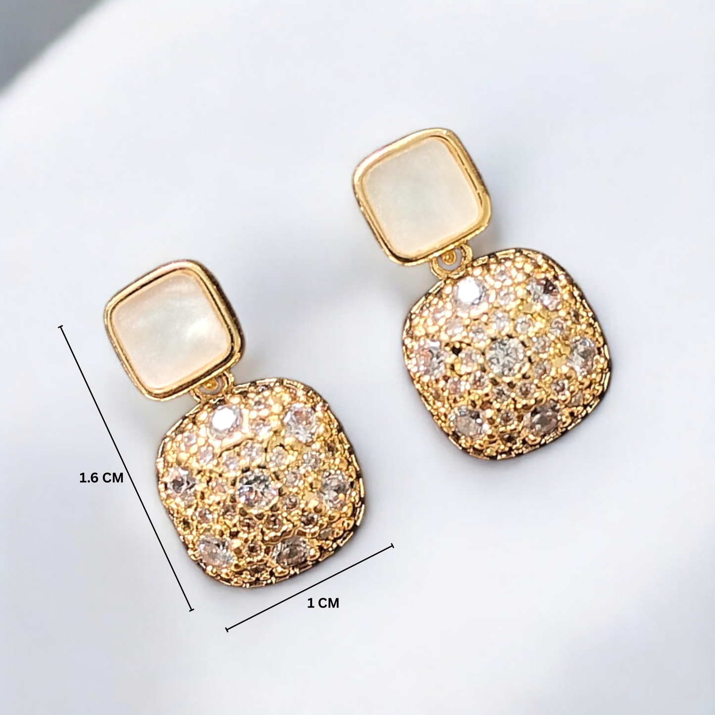 ARLOMI Gold Crystal Drop Earrings for Women | Elegant Square Pearl Stud with Sparkling Stone Dangle | Lightweight Party & Wedding Jewellery Gift