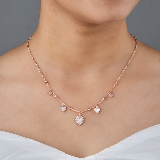 Rose gold heart charm necklace with diamond accent pendant for women