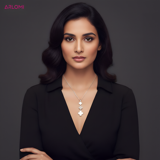 ARLOMI Silver Plated Clover Pendant Necklace with Mother of Pearl & Crystal Floral Design | Elegant Statement Jewelry for Women