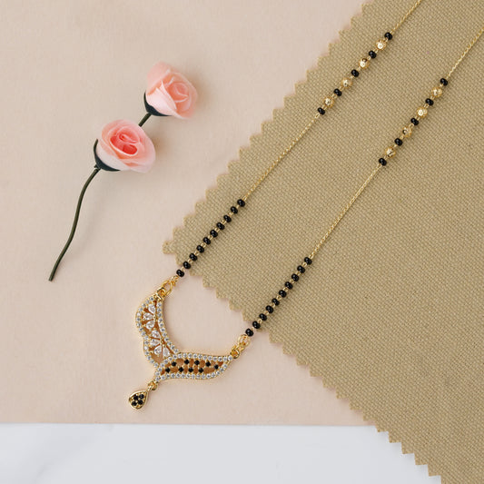 Elegant gold plated mangalsutra necklace with black beads and crystal pendant