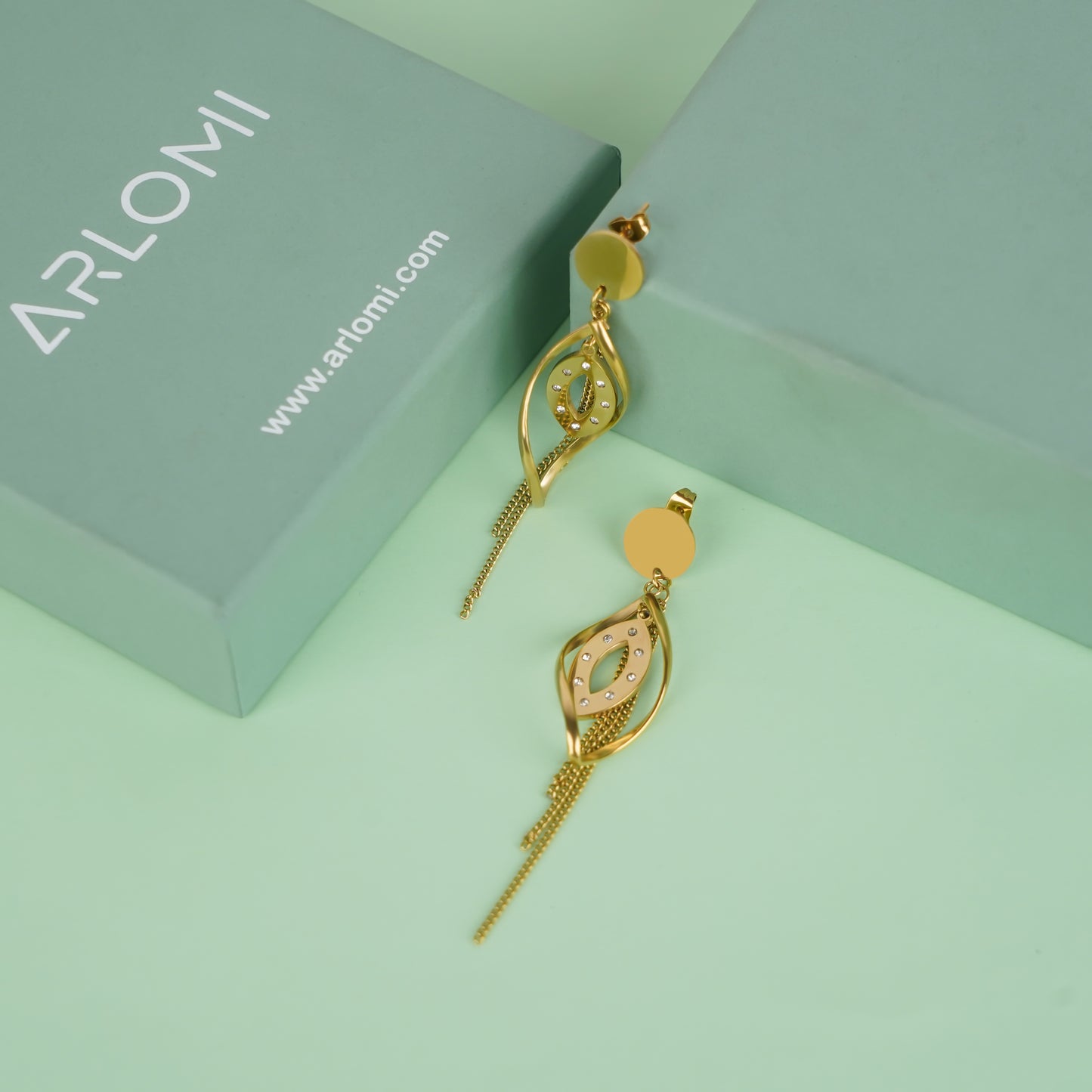 Gold Crystal Leaf Drop Earrings with Chain Tassels