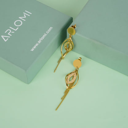 Gold Crystal Leaf Drop Earrings with Chain Tassels