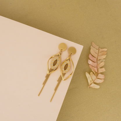 Gold Crystal Leaf Drop Earrings with Chain Tassels