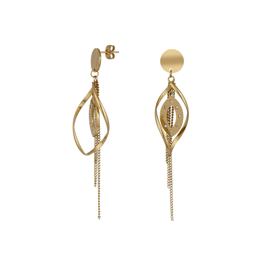 Gold Crystal Leaf Drop Earrings with Chain Tassels