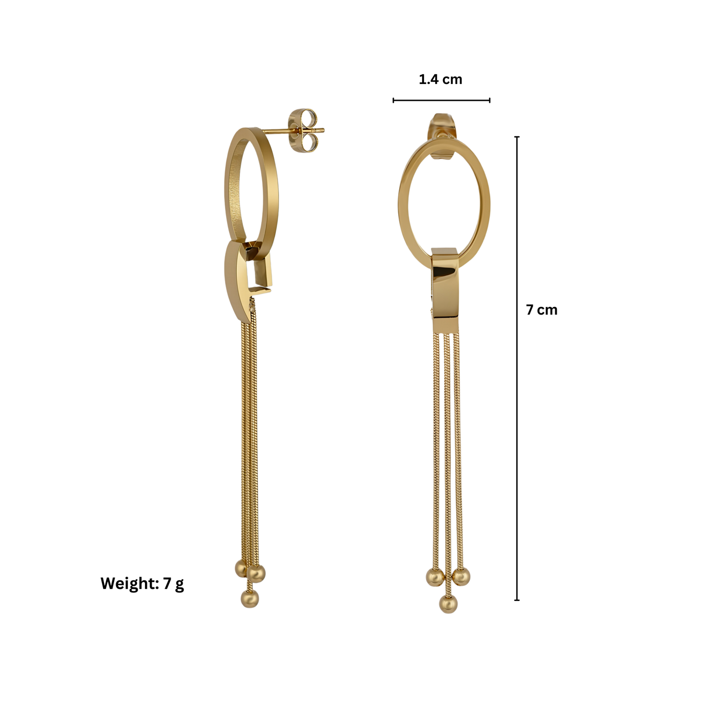 Gold oval drop earrings with chain tassels