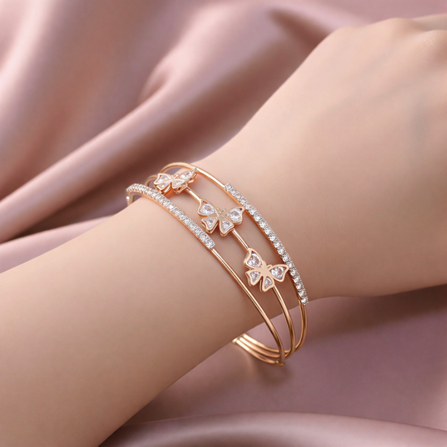 Rose Gold Butterfly Crystal Cuff Bracelet for Women | Elegant Open Bangle | Adjustable Minimal Jewellery | Gift for Her | ARLOMI