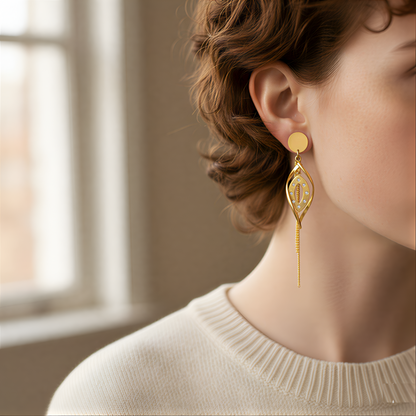 Gold Crystal Leaf Drop Earrings with Chain Tassels