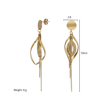 Gold Crystal Leaf Drop Earrings with Chain Tassels