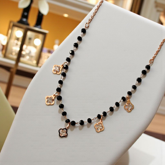 ARLOMI Crystal Floral Charm Mangalsutra for Women – Gold Plated Black Bead Lightweight Daily Wear Necklace