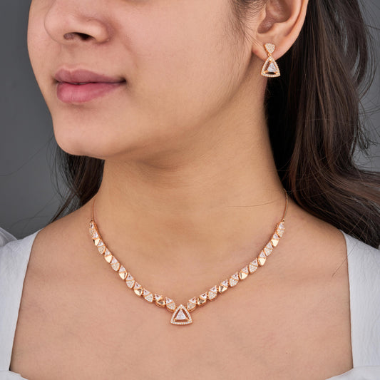 Rose Gold Geometric Crystal Necklace & Drop Earring Set