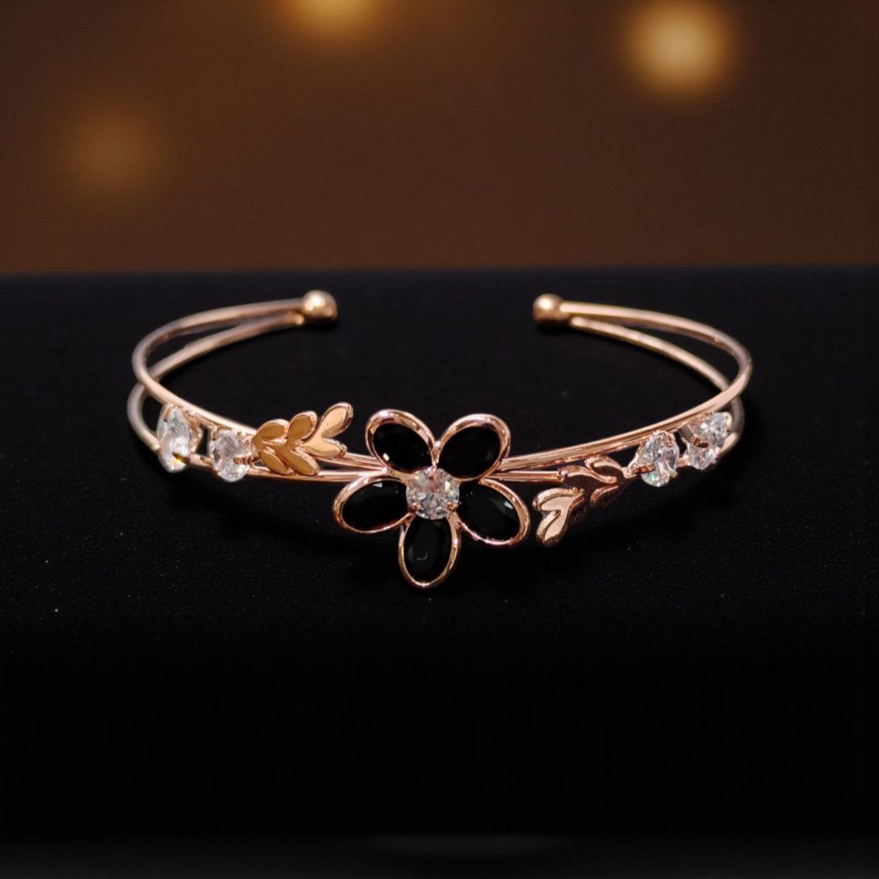 ARLOMI Rose Gold Floral Cuff Bracelet for Women | Crystal Flower Adjustable Open Bangle | Elegant Gift Jewellery