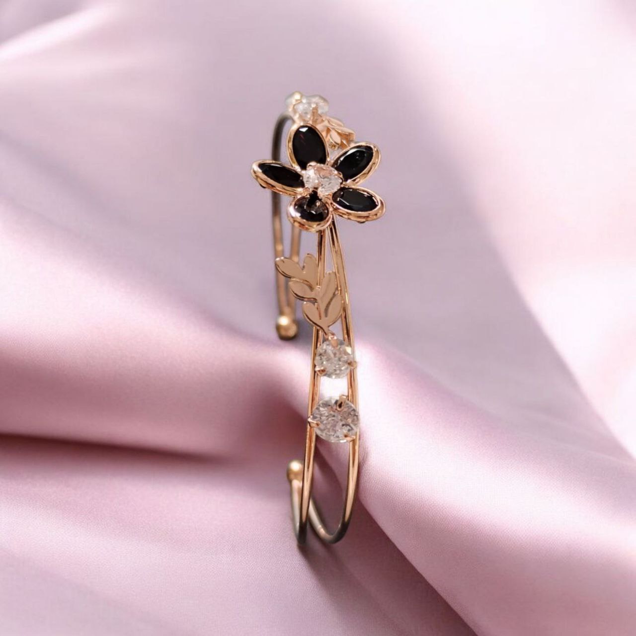 ARLOMI Rose Gold Floral Cuff Bracelet for Women | Crystal Flower Adjustable Open Bangle | Elegant Gift Jewellery