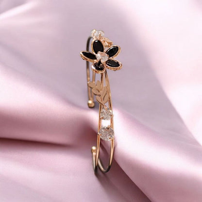 ARLOMI Rose Gold Floral Cuff Bracelet for Women | Crystal Flower Adjustable Open Bangle | Elegant Gift Jewellery