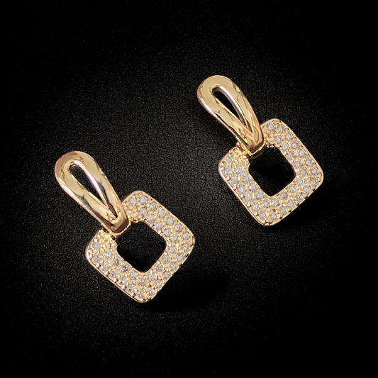 ARLOMI Rose Gold Square Crystal Drop Earrings for Women | Geometric Pave Zirconia Earrings | Minimal Luxury Party & Everyday Jewellery