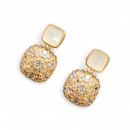 ARLOMI Gold Crystal Drop Earrings for Women | Elegant Square Pearl Stud with Sparkling Stone Dangle | Lightweight Party & Wedding Jewellery Gift