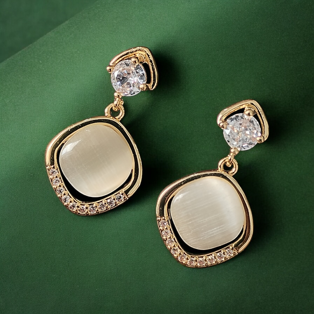 ARLOMI Gold-Plated Square Drop Earrings with Crystal Stud & Opal Stone – Elegant Lightweight Earrings for Women | Party, Office & Gift Jewellery