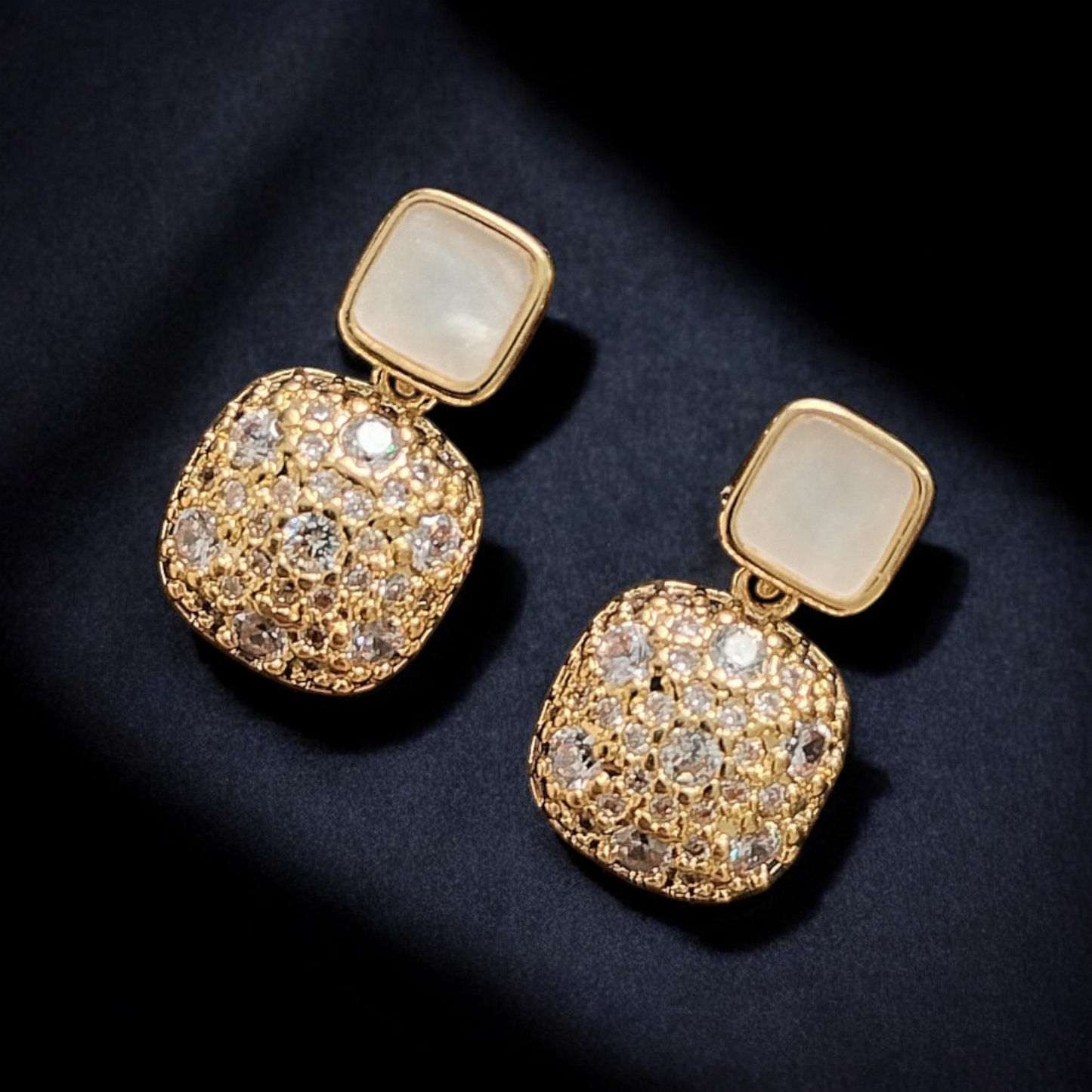 ARLOMI Gold Crystal Drop Earrings for Women | Elegant Square Pearl Stud with Sparkling Stone Dangle | Lightweight Party & Wedding Jewellery Gift