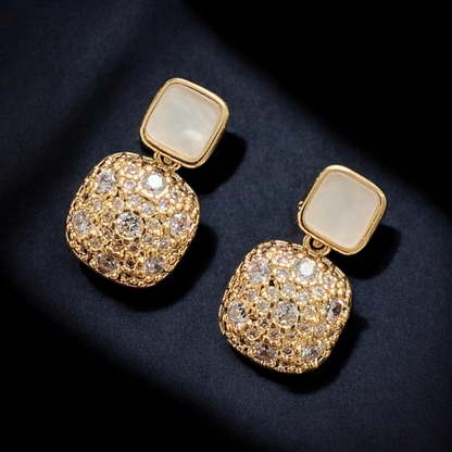 ARLOMI Gold Crystal Drop Earrings for Women | Elegant Square Pearl Stud with Sparkling Stone Dangle | Lightweight Party & Wedding Jewellery Gift
