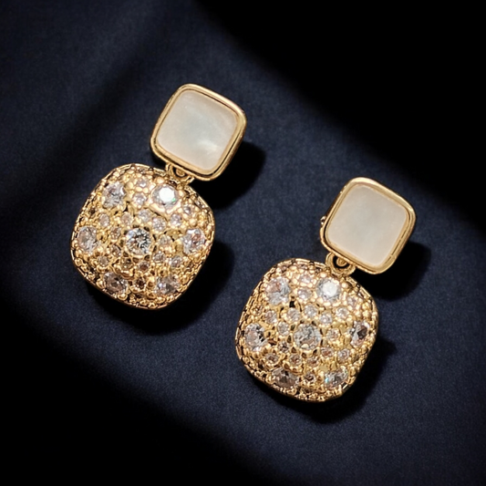 ARLOMI Gold Crystal Drop Earrings for Women | Elegant Square Pearl Stud with Sparkling Stone Dangle | Lightweight Party & Wedding Jewellery Gift