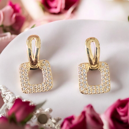 ARLOMI Rose Gold Square Crystal Drop Earrings for Women | Geometric Pave Zirconia Earrings | Minimal Luxury Party & Everyday Jewellery