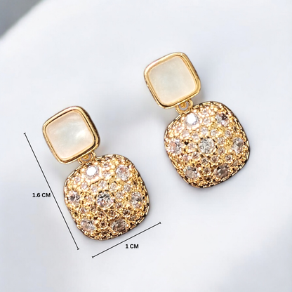 ARLOMI Gold Crystal Drop Earrings for Women | Elegant Square Pearl Stud with Sparkling Stone Dangle | Lightweight Party & Wedding Jewellery Gift