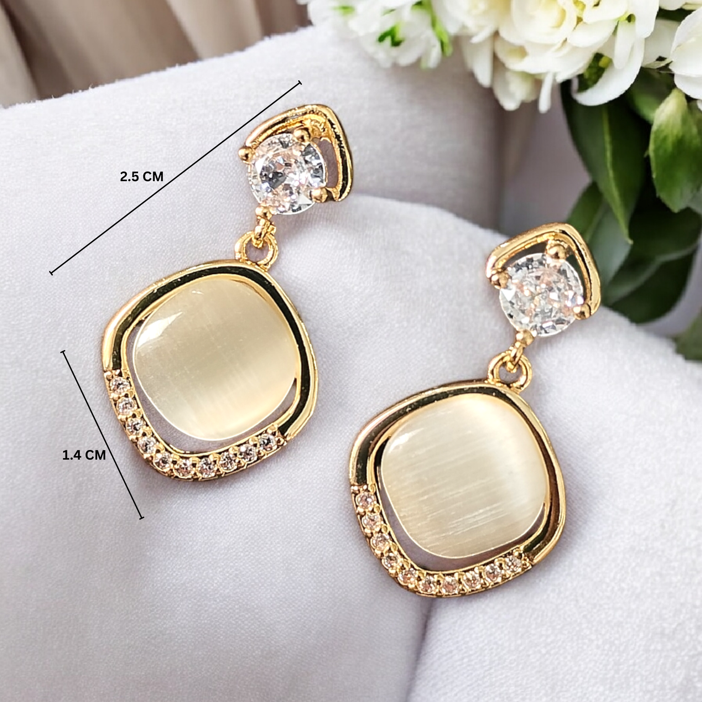 ARLOMI Gold-Plated Square Drop Earrings with Crystal Stud & Opal Stone – Elegant Lightweight Earrings for Women | Party, Office & Gift Jewellery