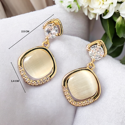 ARLOMI Gold-Plated Square Drop Earrings with Crystal Stud & Opal Stone – Elegant Lightweight Earrings for Women | Party, Office & Gift Jewellery