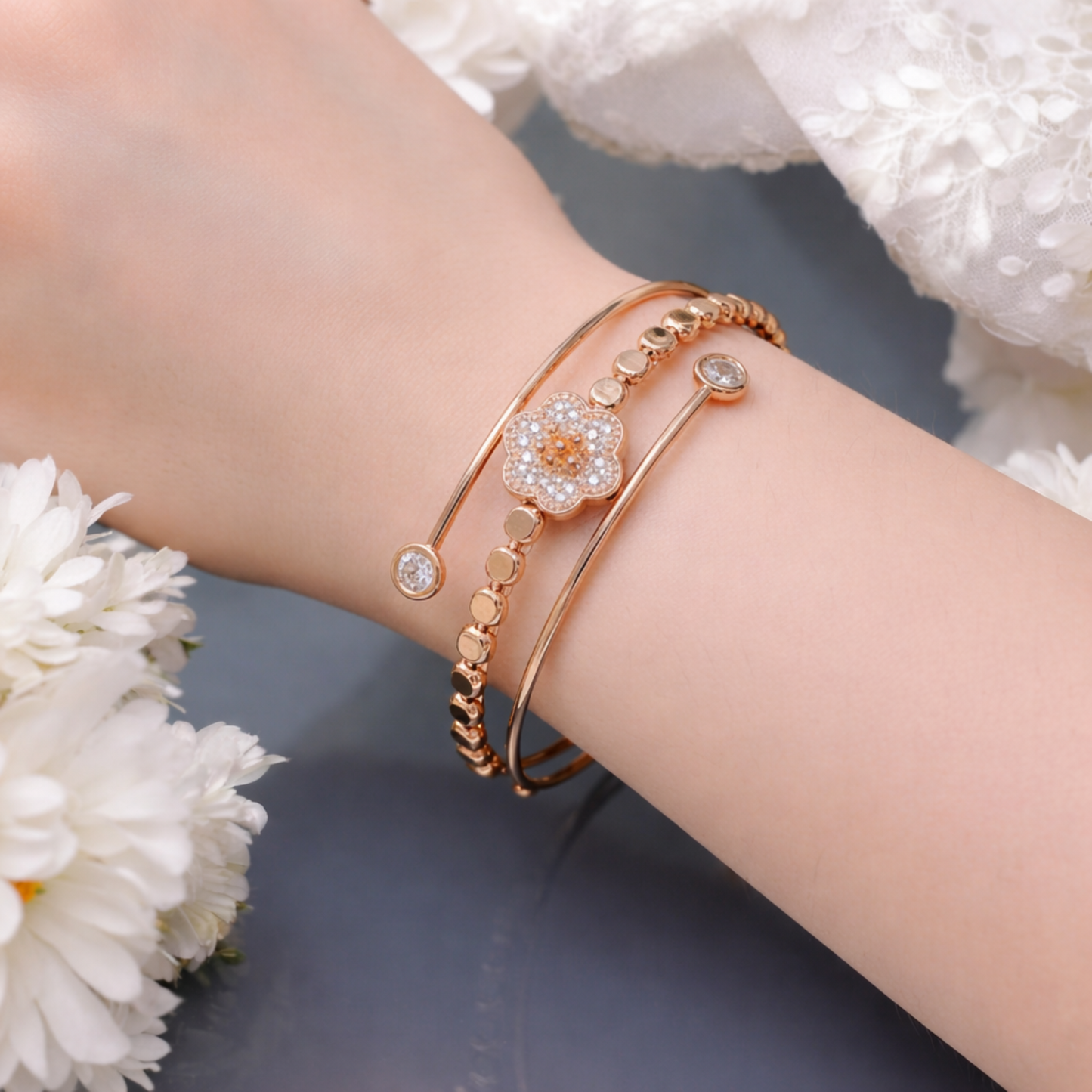 Rose Gold Floral Open Cuff Bracelet for Women | Crystal Flower Adjustable Kada | Elegant Gift Jewellery | ARLOMI