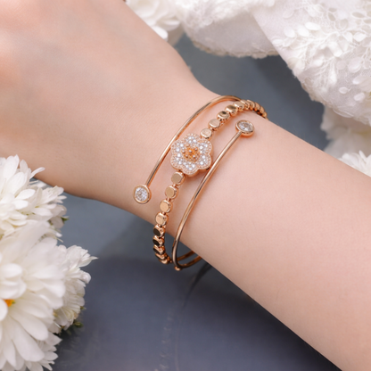 Rose Gold Floral Open Cuff Bracelet for Women | Crystal Flower Adjustable Kada | Elegant Gift Jewellery | ARLOMI