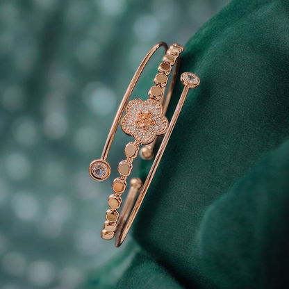 Rose Gold Floral Open Cuff Bracelet for Women | Crystal Flower Adjustable Kada | Elegant Gift Jewellery | ARLOMI