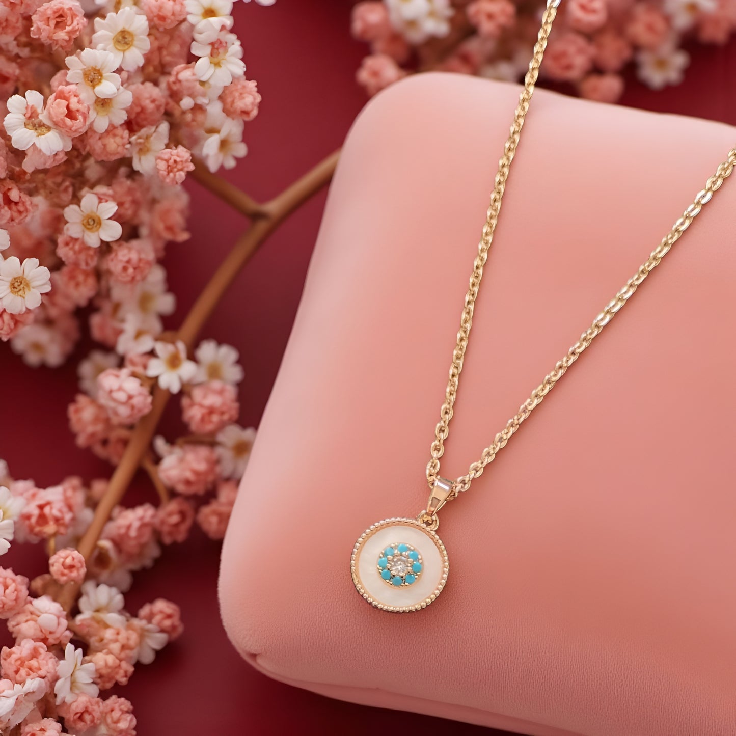 Dainty Gold Floral Turquoise Pendant Necklace for Women | Minimal Round Charm | ARLOMI