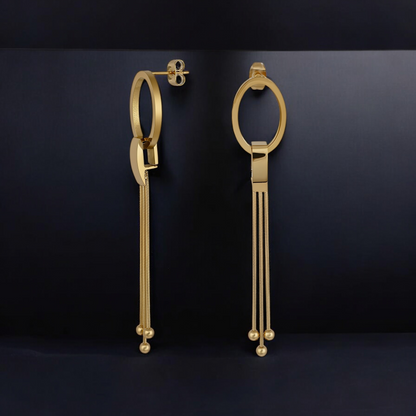 Gold oval drop earrings with chain tassels