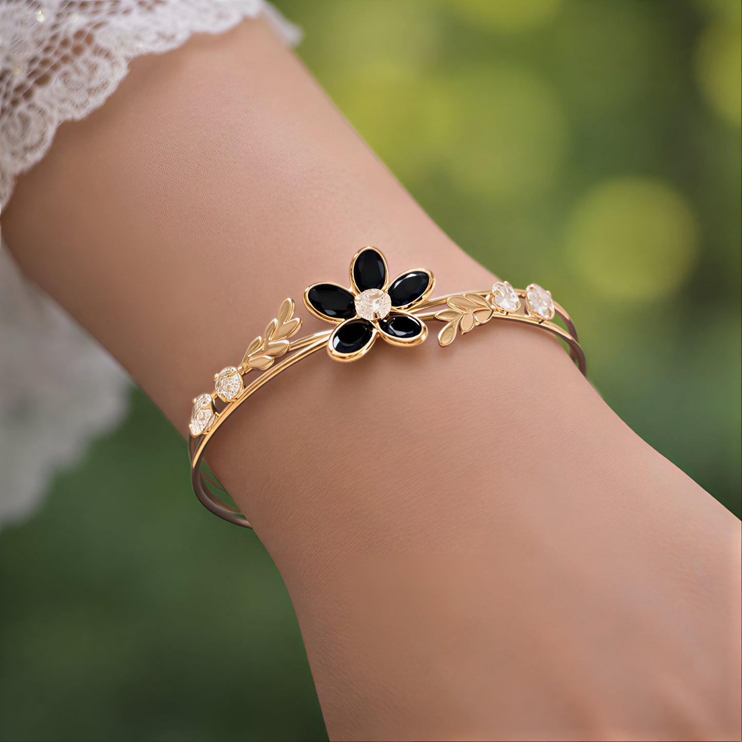 ARLOMI Rose Gold Floral Cuff Bracelet for Women | Crystal Flower Adjustable Open Bangle | Elegant Gift Jewellery