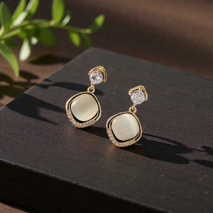 ARLOMI Gold-Plated Square Drop Earrings with Crystal Stud & Opal Stone – Elegant Lightweight Earrings for Women | Party, Office & Gift Jewellery