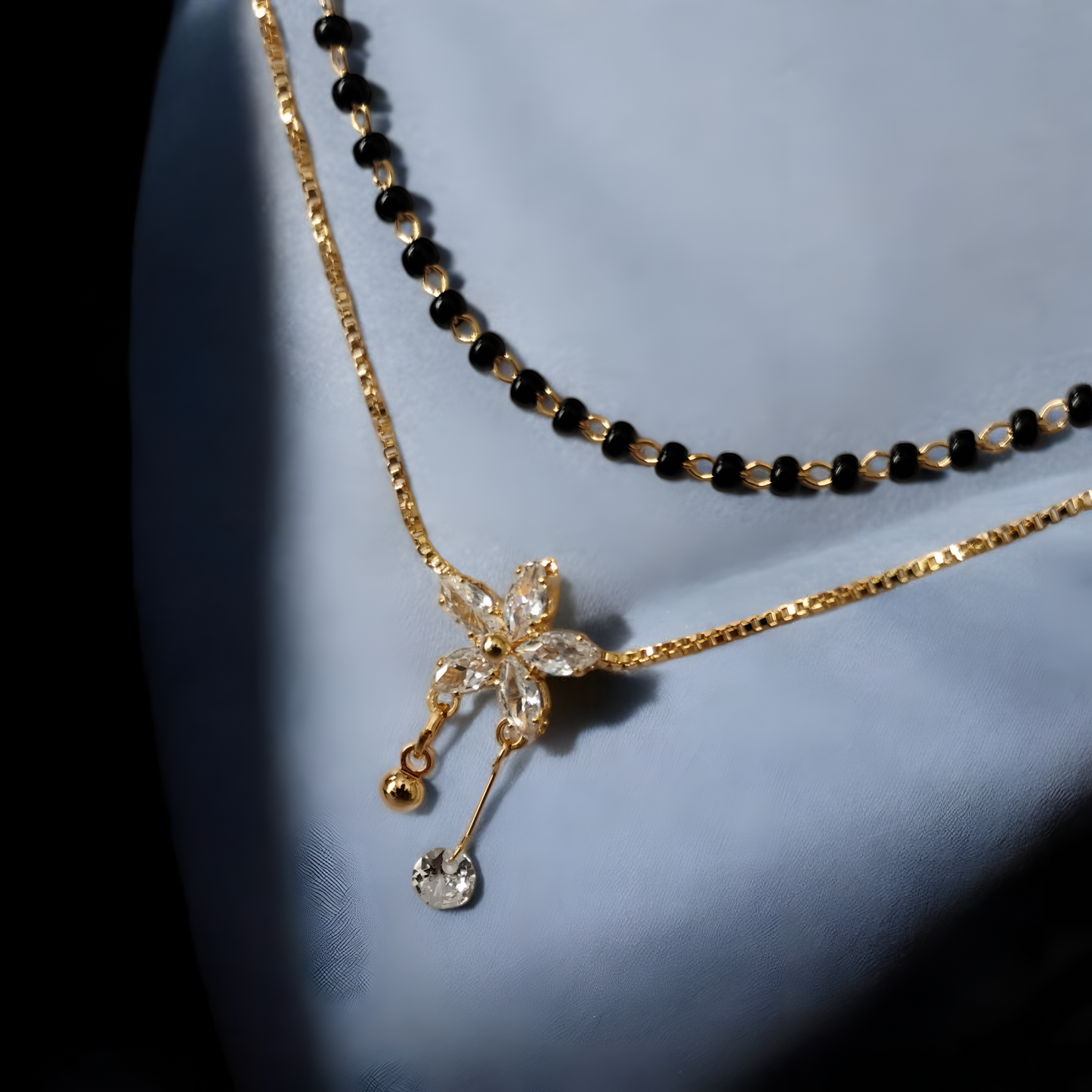 Elegant Dual Layer Diamond Flower Mangalsutra – Premium Gold Black Bead Necklace for Women