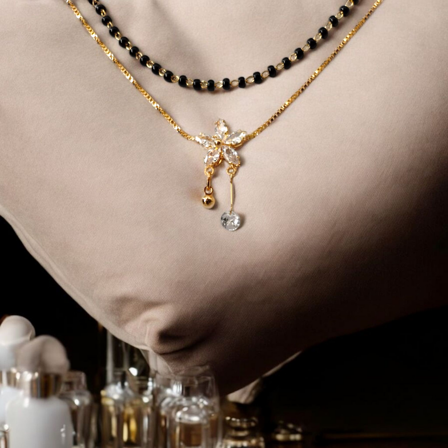 Elegant Dual Layer Diamond Flower Mangalsutra – Premium Gold Black Bead Necklace for Women