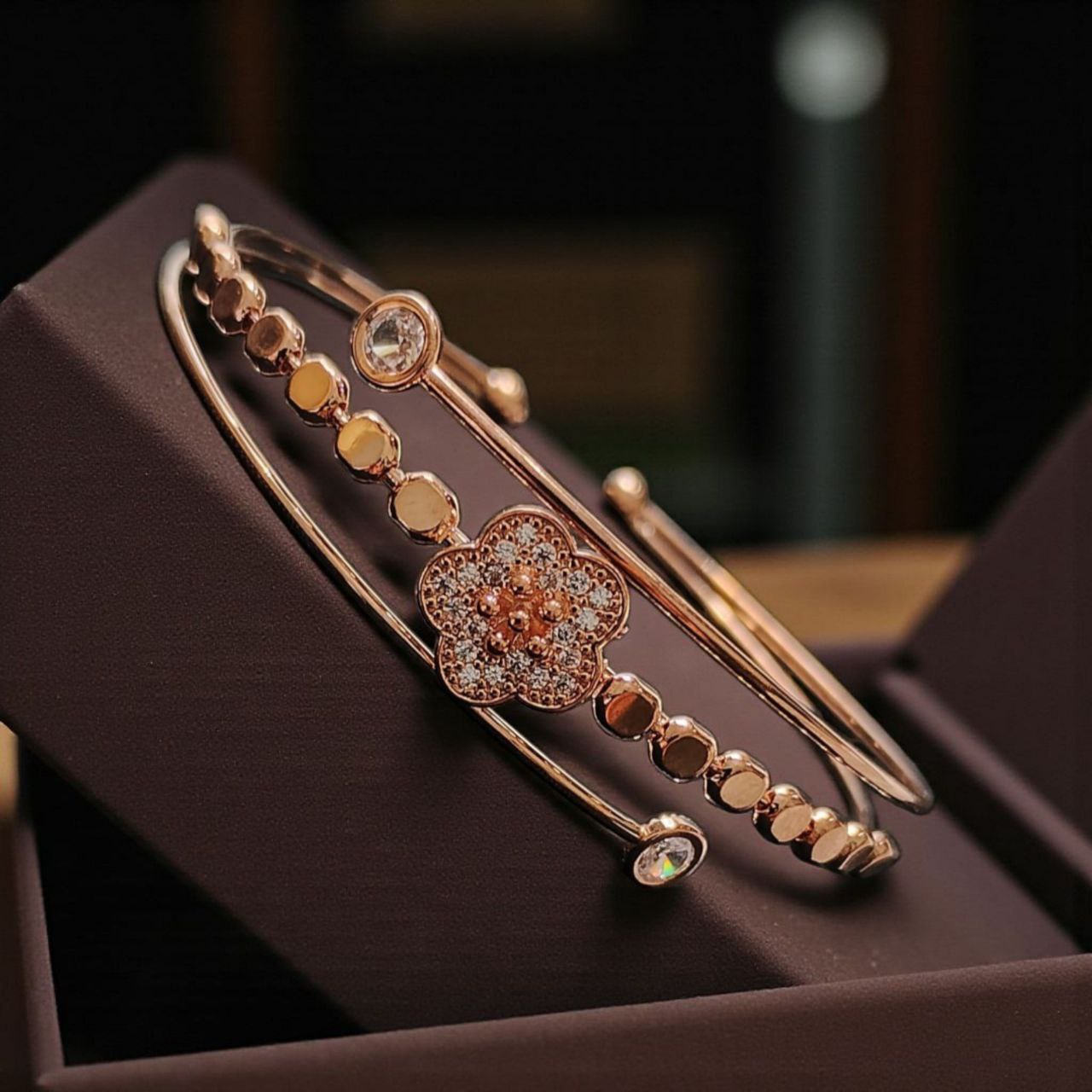 Rose Gold Floral Open Cuff Bracelet for Women | Crystal Flower Adjustable Kada | Elegant Gift Jewellery | ARLOMI