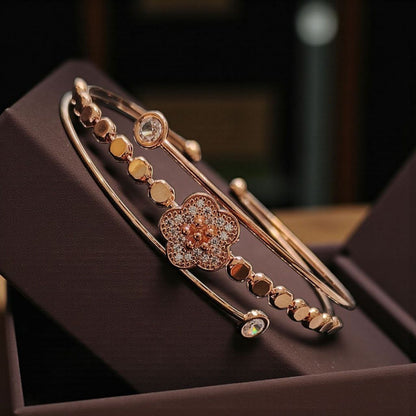 Rose Gold Floral Open Cuff Bracelet for Women | Crystal Flower Adjustable Kada | Elegant Gift Jewellery | ARLOMI