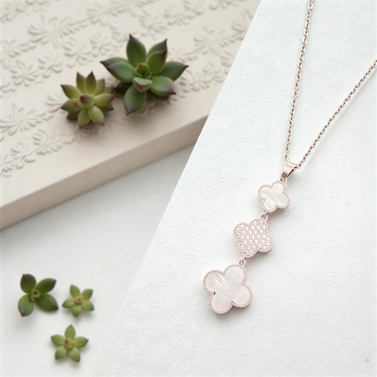 ARLOMI Silver Plated Clover Pendant Necklace with Mother of Pearl & Crystal Floral Design | Elegant Statement Jewelry for Women
