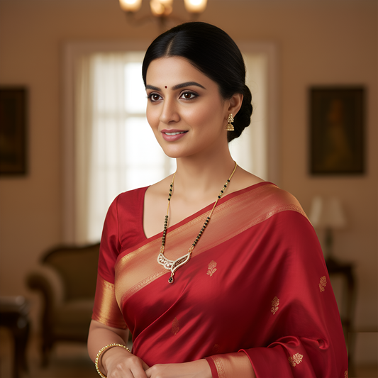 Elegant gold plated mangalsutra necklace with black beads and crystal pendant